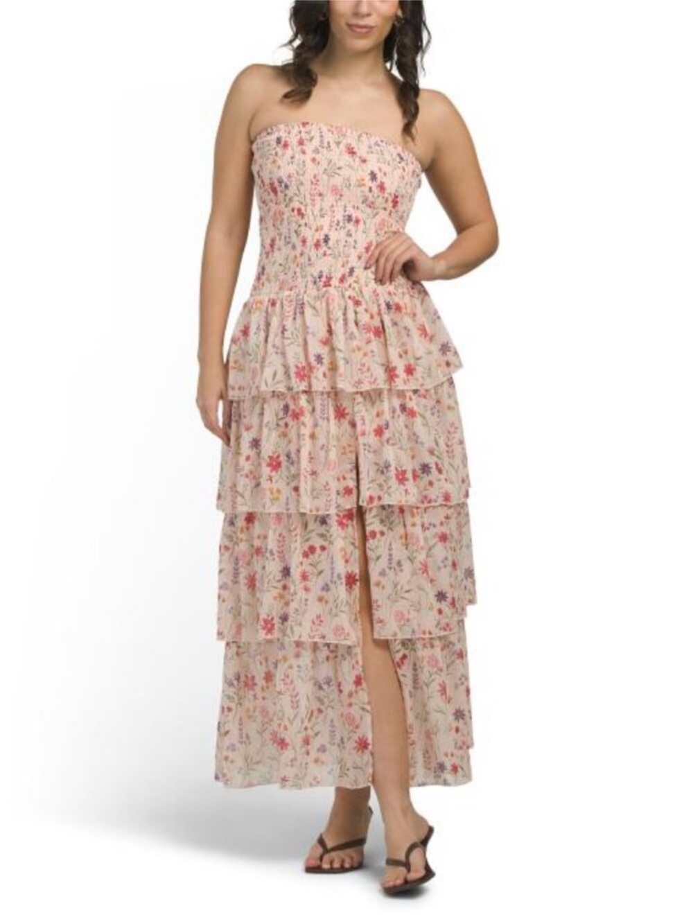 Avec Les Filles Blush Floral Strapless Tiered Maxi Dress